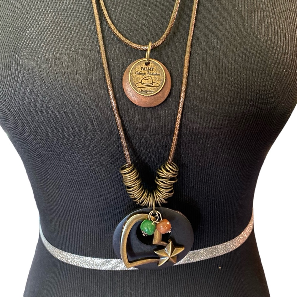 Boho jewelry wood, brass & leather 2 strand 16 inch necklace, green & brown bead